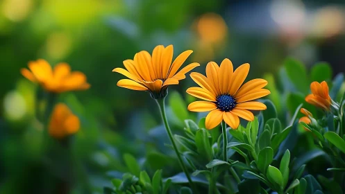 Orange Daisies in Bloom with Green Garden Background.