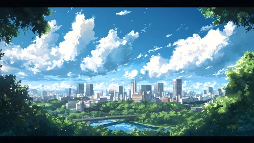 Sky-drenched city skyline framed by lush dreaming trees.