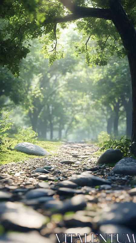 Sunlit Forest Path Through Shaded Woodland