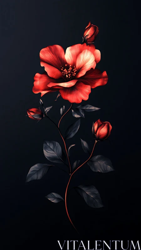 Illuminated Botanical Study: Crimson Rose Against Darkened Space.
