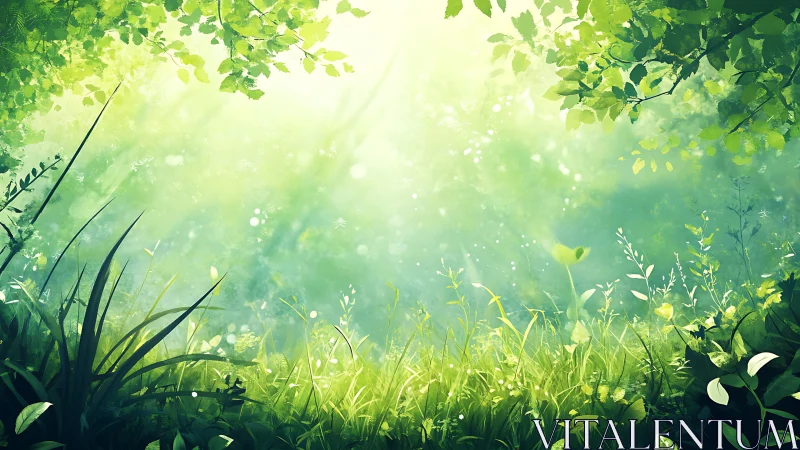 Soft morning light over a whispering green forest meadow.