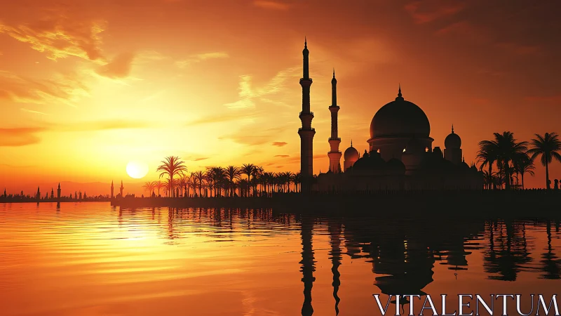 Mosque and palm silhouettes reflect across a radiant sunset lake