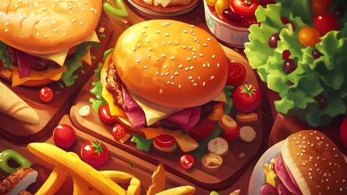 Gourmet cheeseburgers with vibrant salads and fries glow