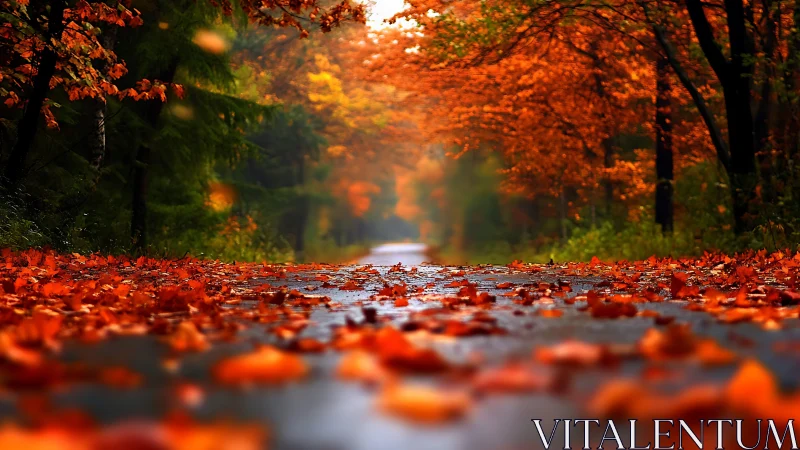 Golden autumn forest road glows beneath a carpet of leaves