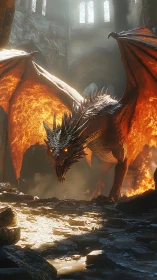 Fire-breathing dragon storms a ruined stone cathedral.