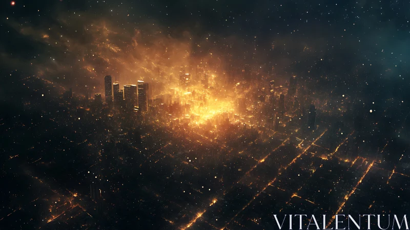 Glowing futuristic city bathed in warm cosmic embers at night.