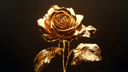 Metallic gold rose sculpture on dark studio background.