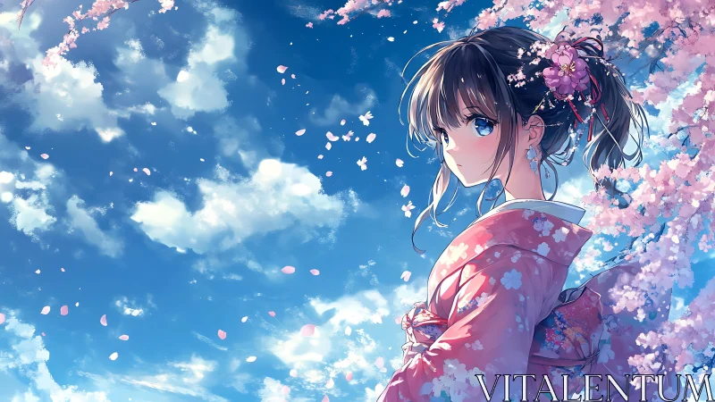 Anime girl in pink kimono under spring cherry blossoms.
