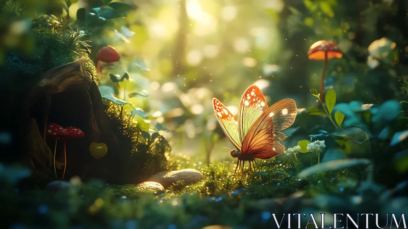 Bioluminescent forest butterfly at micro-scale moss habitat.