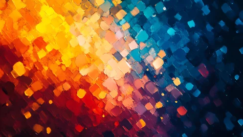 Abstract color mosaic painting with vibrant warm and cool tones.