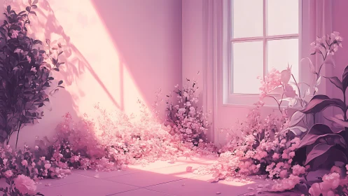 Soft pink indoor garden with window light and blossoms.