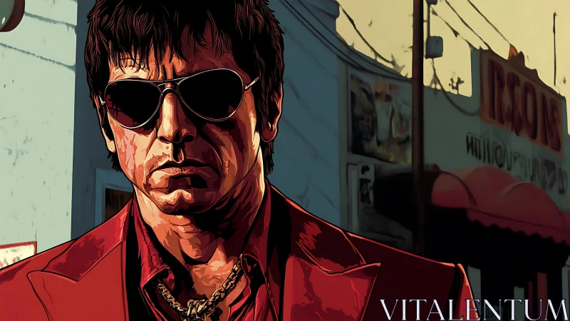 Streetwise cool in crimson suit under a fading city sky.