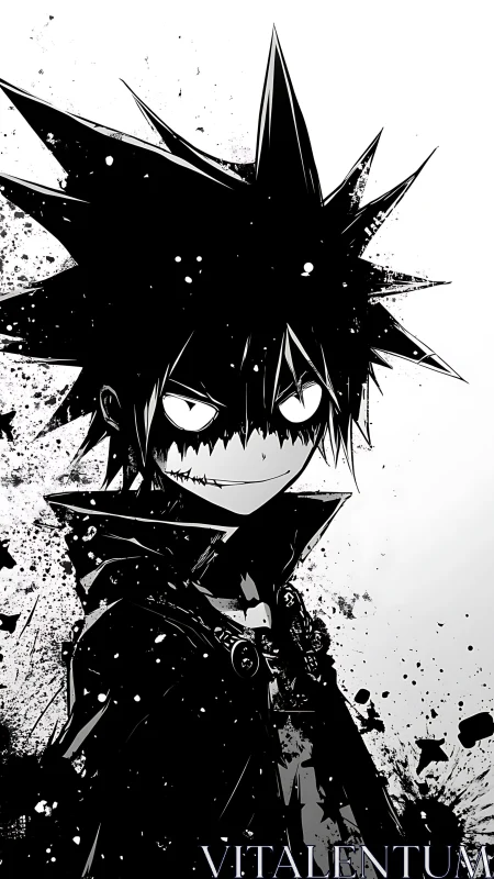 High-contrast monochrome anime antihero rendered in ink splatter