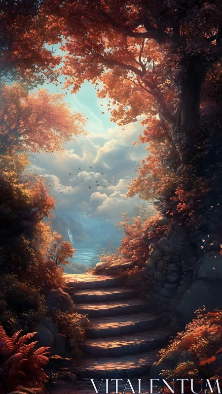 Stone stairway ascends through autumn forest toward luminous sky