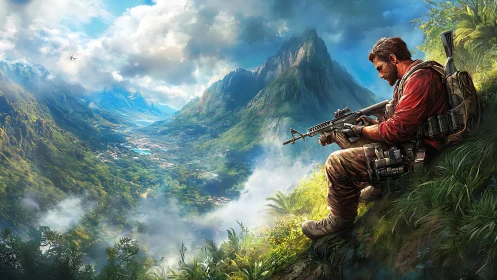 Lone jungle warrior broods above mist-choked valley cliffs.