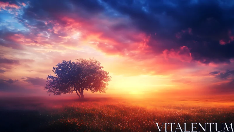 Solitary tree anchors vivid sunrise over misty wildflower field