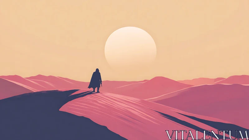 Lone traveler crosses sunlit pink desert dunes at dusk