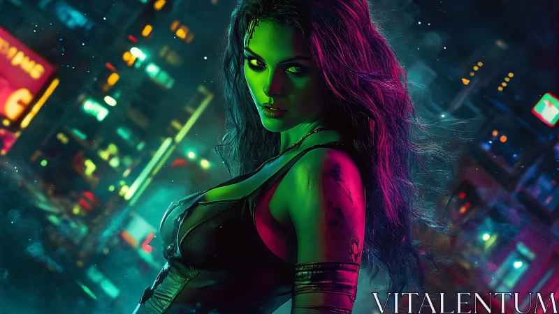 Green-skinned warrior stands in neon-soaked cyberpunk city