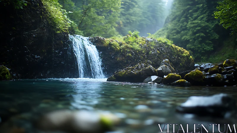 Peaceful forest waterfall over mossy rocks and clear pool.