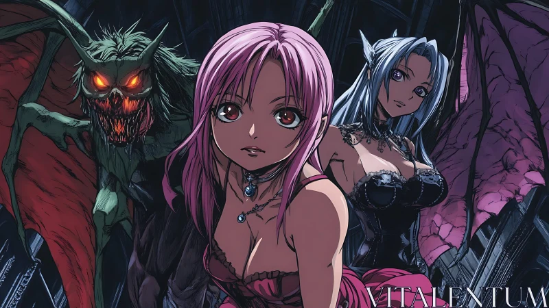 Three winged demonic figures in gothic anime environment.