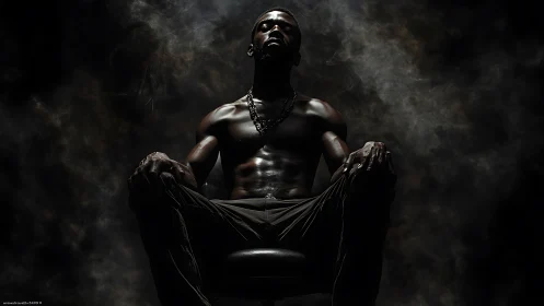 Shirtless seated man is lit from above in low key smoke