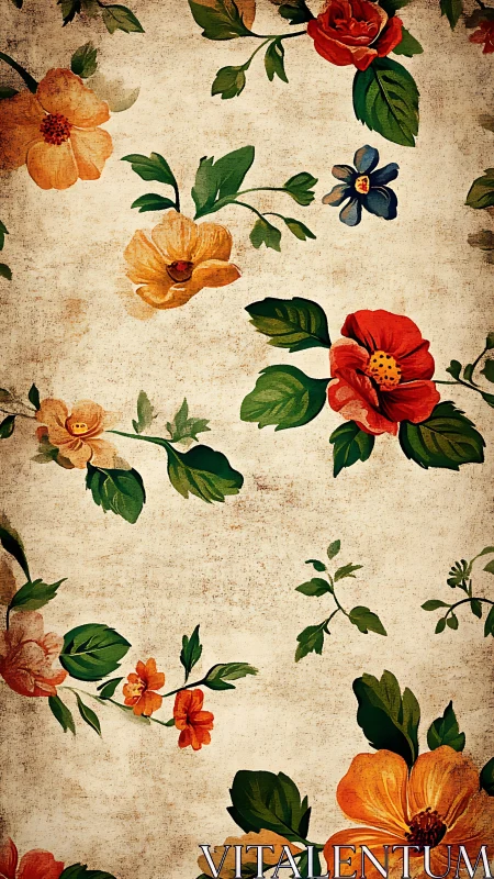 Vintage floral pattern on distressed parchment background.