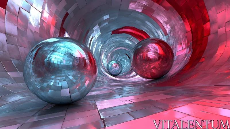 Reflective metallic spheres in chromatic segmented tunnel space.