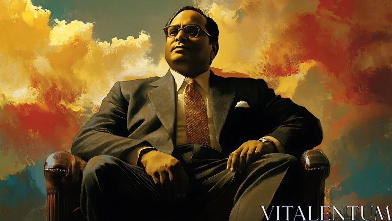 Regal seated leader in tailored suit against vivid sky backdrop.