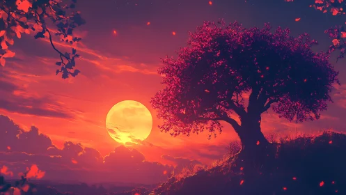 Crimson dusk landscape frames luminous full moon behind tree
