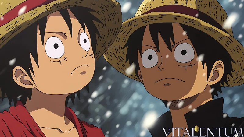 Twin straw-hatted anime boys in snowy dramatic close-up.