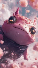 Pink celestial axolotl creature in soft cloudscape vision.