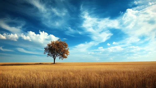 Lone tree in golden field beneath vivid blue sky, landscape photo.