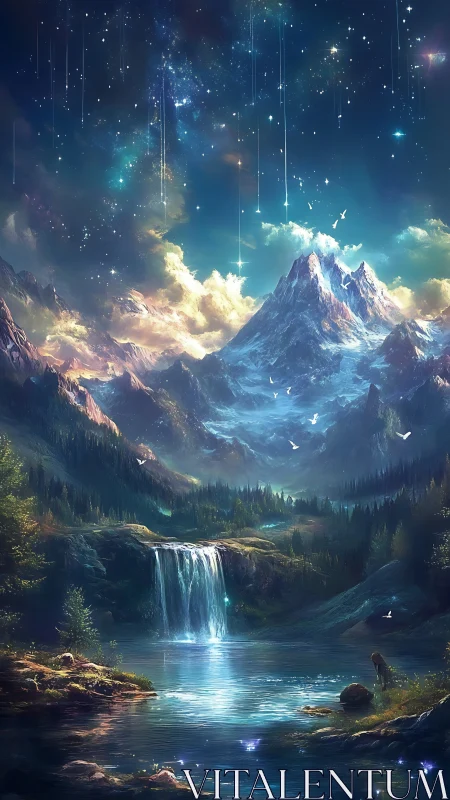 Luminescent alpine waterfall beneath starfall-illuminated night sky