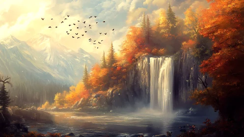 Autumn waterfall glows beneath snowcapped mountain light.