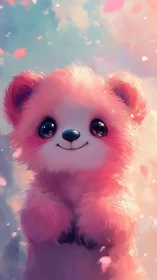 Soft pink bear under drifting petals and dreamy skies.