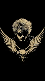 Winged skull emblem frames moody portrait with shadows