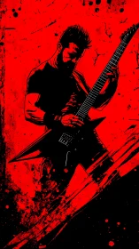 High-contrast ink silhouette of metal guitarist on red splatter field