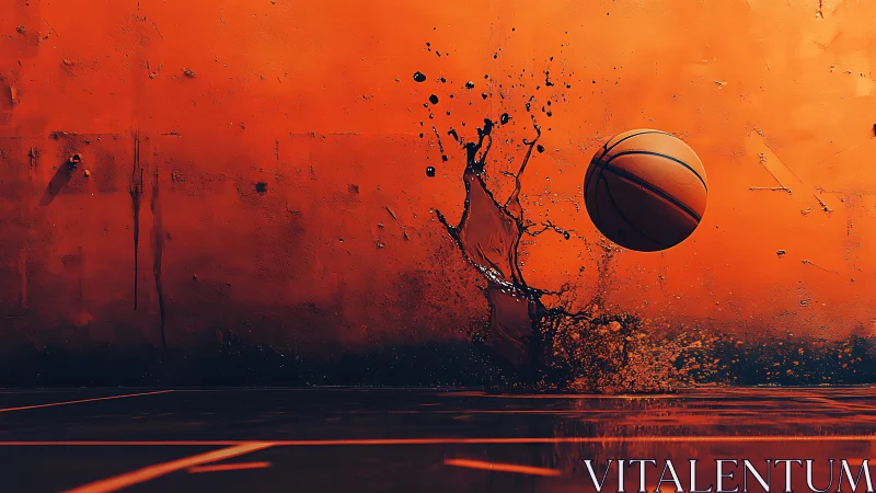 Basketball in motion against textured orange liquid wall.