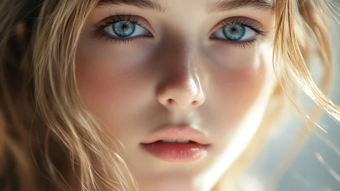 Hyperreal close-up portrait captures luminous blue eyes