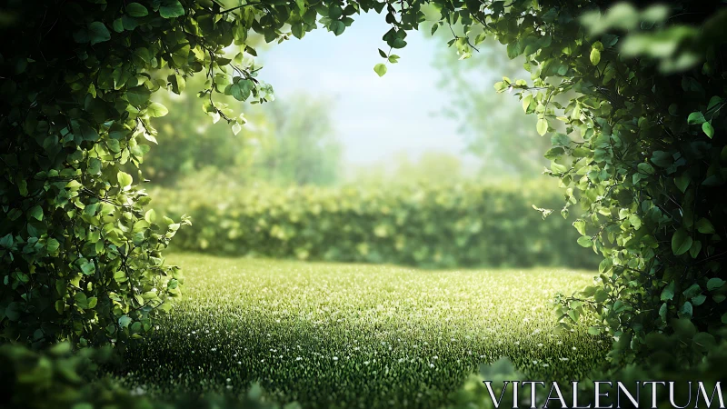 Sunlit garden clearing framed by lush green foliage arch