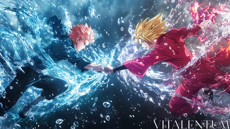 Elemental anime duel with water and fire collision impact.