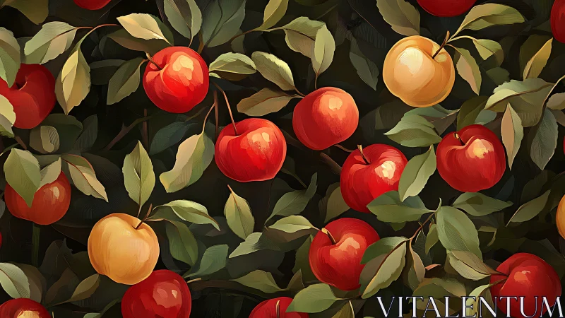 Orchard constellation of painted apples in leafy twilight.