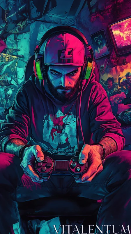 Neon gamer leans in close and welcomes the next big level