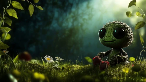 Bioluminescent forest creature observing daisies at dusk.