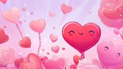 Romantic Pink Heart Characters Floating in Dreamy Cloud Scene.