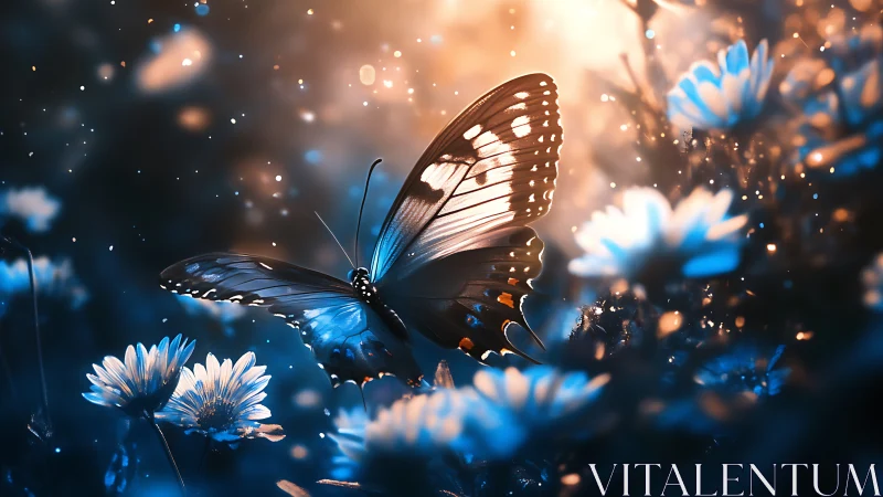 Luminous butterfly rests among glowing blue wildflowers.