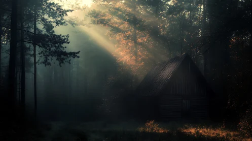 Cabin in misty forest with angled morning light beams.