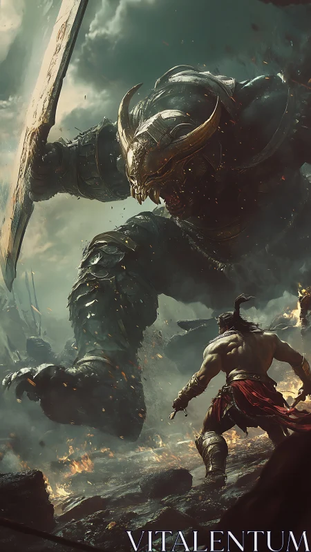 Armored giant confronting lone warrior on burning battlefield.