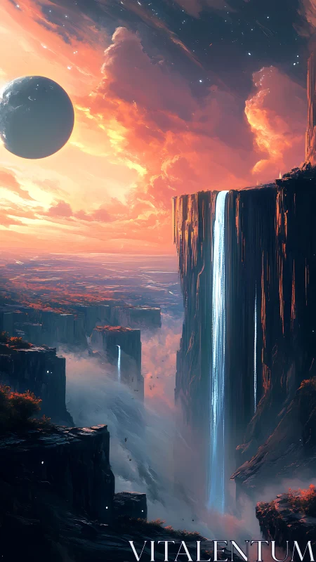 Glowing alien waterfalls plunge into a vast misty canyon