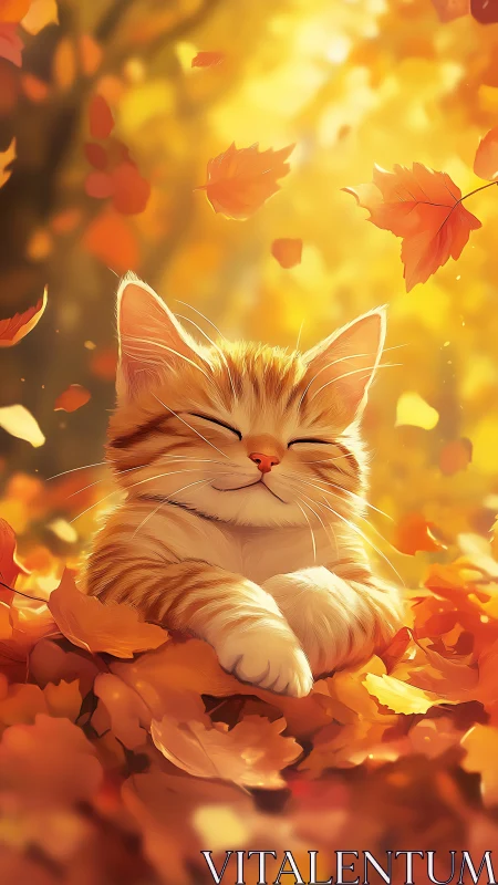 Autumn's Purring Dreams: Cat Embraced by Golden Falling Leaves